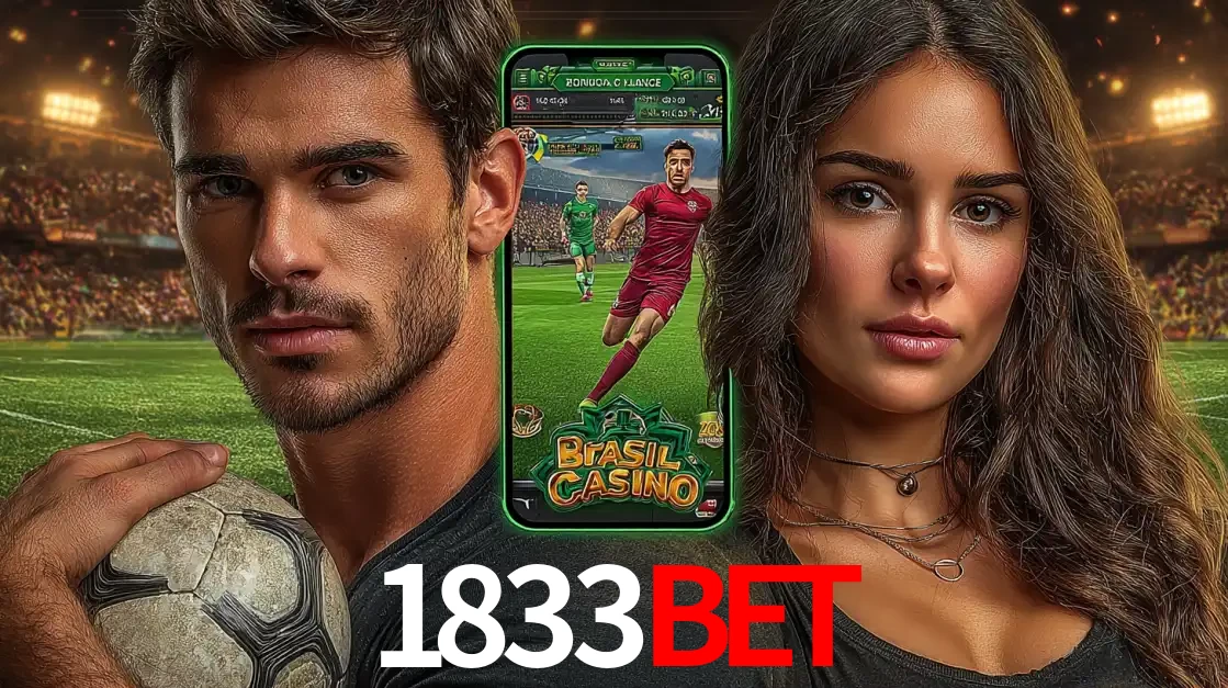 Homem segurando uma bola de futebol e uma mulher ao lado de um smartphone exibindo o jogo de apostas esportivas da 1833BET. Faça seu palpite no cassino online.